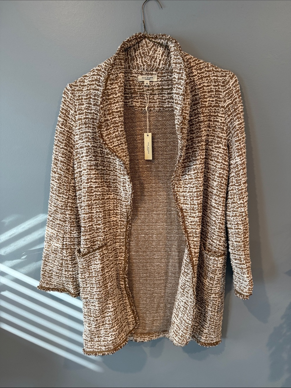 Max Studio Cream and Brown Open-Front Bouclé Cardigan